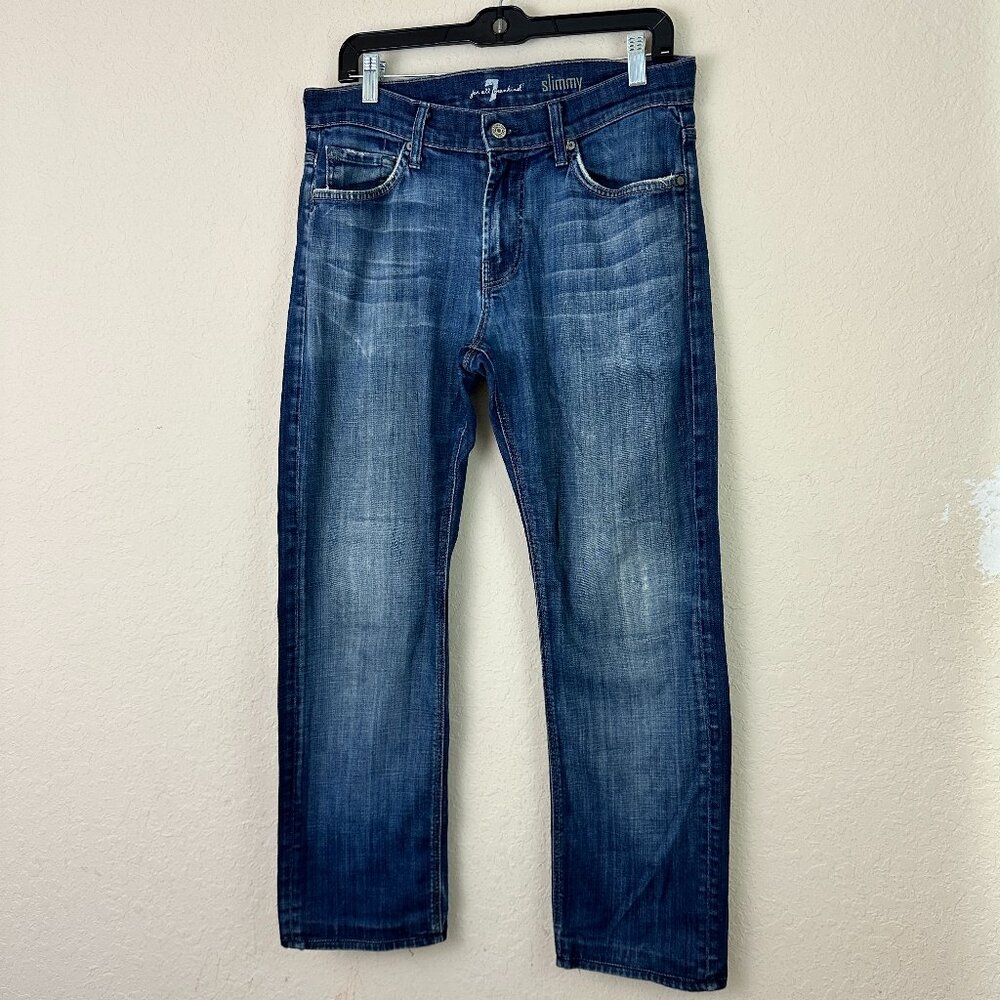 7 For All Mankind Jeans Mens 32x37 Blue Slimmy Slim Boot Cut Dark Wash Denim